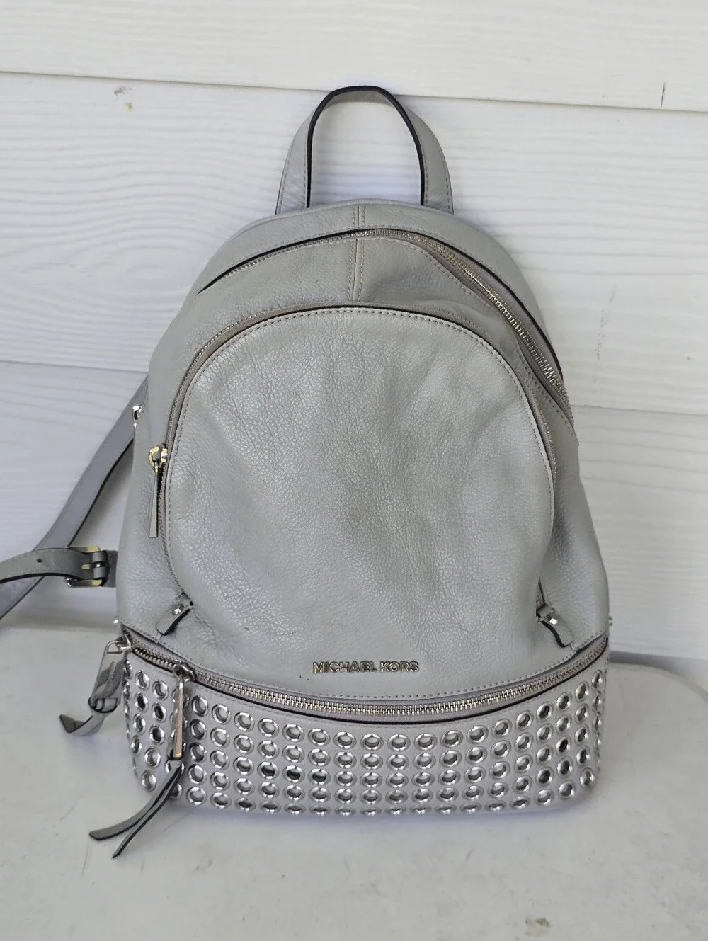 Michael Kors Gray Leather Grommet Studded Backpack Silver Hardware 12x13